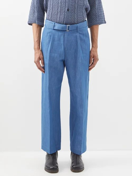 Belted-waist Cotton-blend Trousers - Mens - Blue