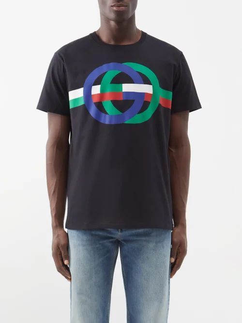 GG-logo Print Cotton-jersey T-shirt - Mens - Black Multi