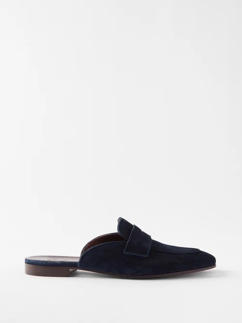 Backless Suede Penny Loafers - Mens - Dark Navy
