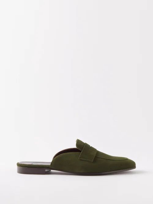 Backless Suede Penny Loafers - Mens - Olive