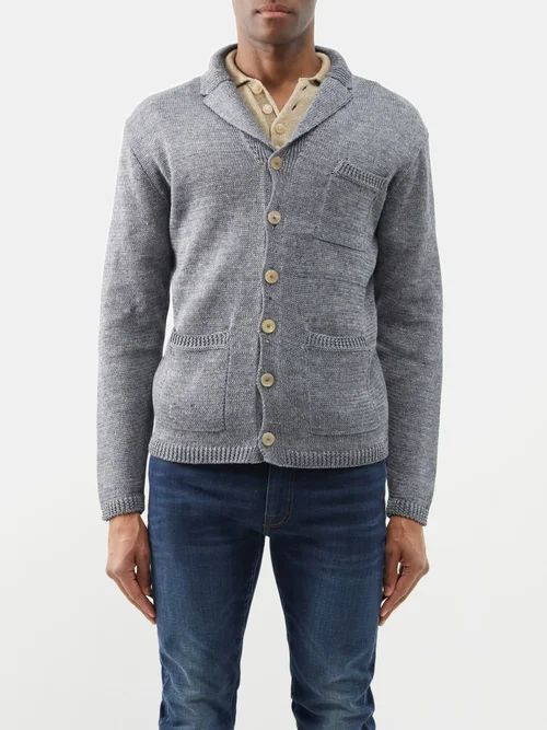 Donegal Knitted-linen Cardigan - Mens - Blue Grey