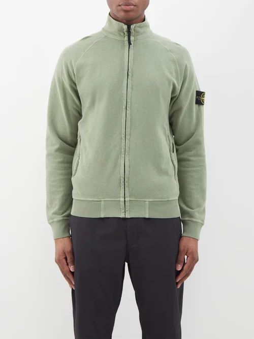 High-neck Zip-through Cotton-jersey Sweatshirt - Mens - Sage