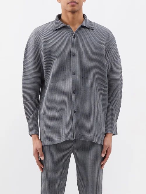 Leno Stripe Pleated Overshirt - Mens - Grey