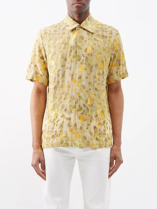 Noam Floral-embroidery Shirt - Mens - Yellow Multi