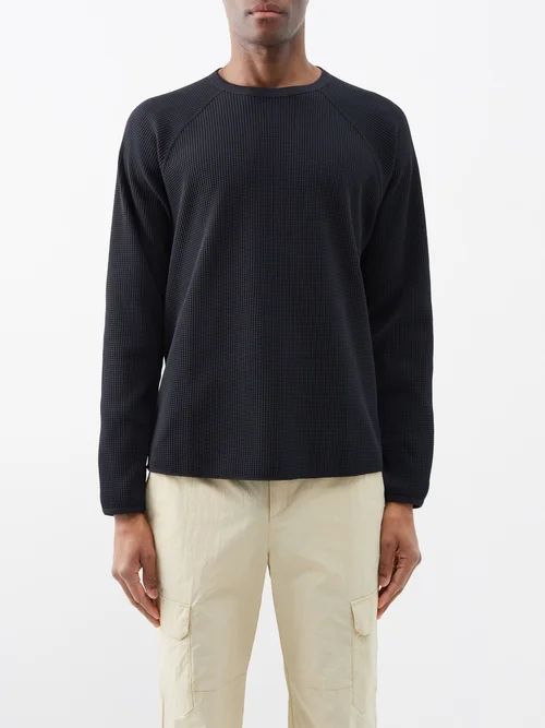 Waffle-knit Thermal Long-sleeved T-shirt - Mens - Black