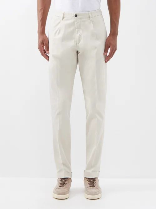 High-rise Pleated Twill Chinos - Mens - Stone