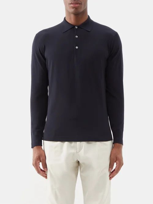 Long-sleeved Virgin-wool Polo Shirt - Mens - Navy