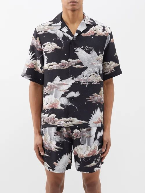 Pegasus-print Silk-twill Shirt - Mens - Black