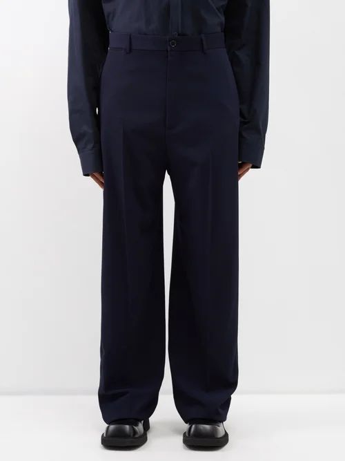 Wool-blend Wide-leg Trousers - Mens - Dark Navy