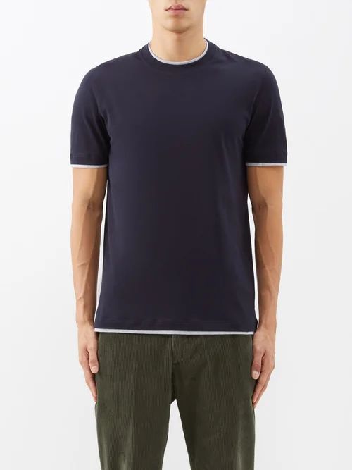 Layered-trim Cotton-jersey T-shirt - Mens - Dark Blue