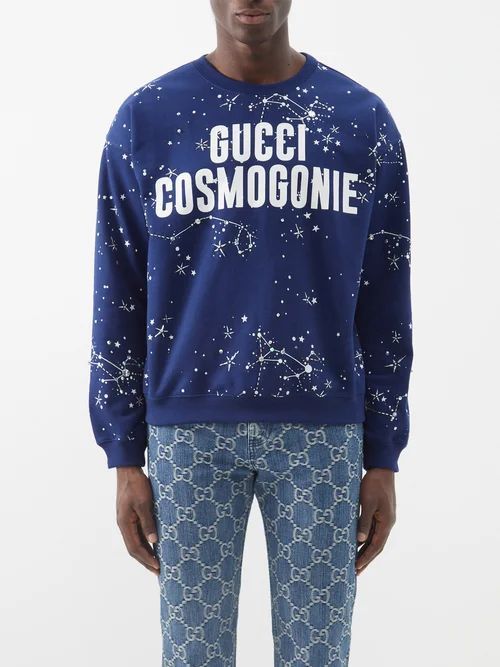 Cosmogonie-print Embellished Cotton Sweatshirt - Mens - Dark Blue
