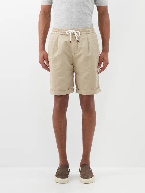 Pleated Linen-blend Gabardine Shorts - Mens - Beige