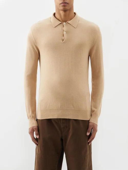 St Davids Silk-blend Long-sleeved Polo Shirt - Mens - Beige