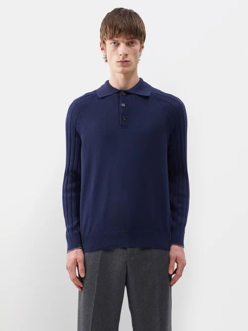 Raglan-sleeve Cotton Polo Sweater - Mens - Navy