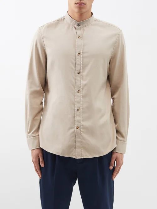 Stand-collar Cotton-poplin Shirt - Mens - Beige