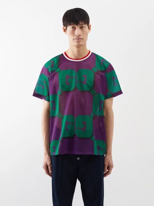 GG-print Mesh T-shirt - Mens - Purplegreen