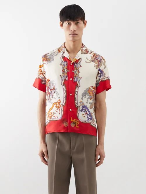 Roi Soleil-print Silk Shirt - Mens - Ivory Red
