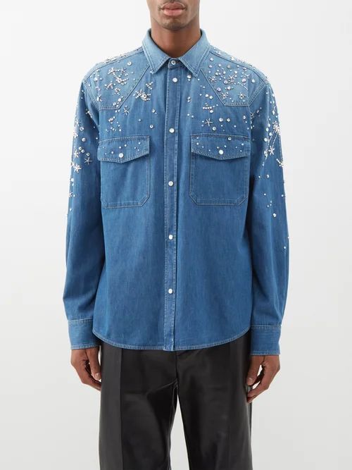 Embellished Flap-pocket Denim Shirt - Mens - Blue