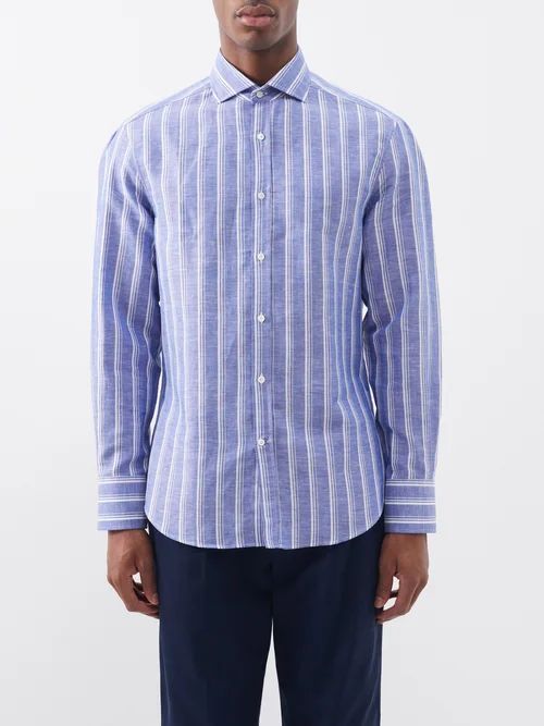 Striped Linen Shirt - Mens - Blue Multi