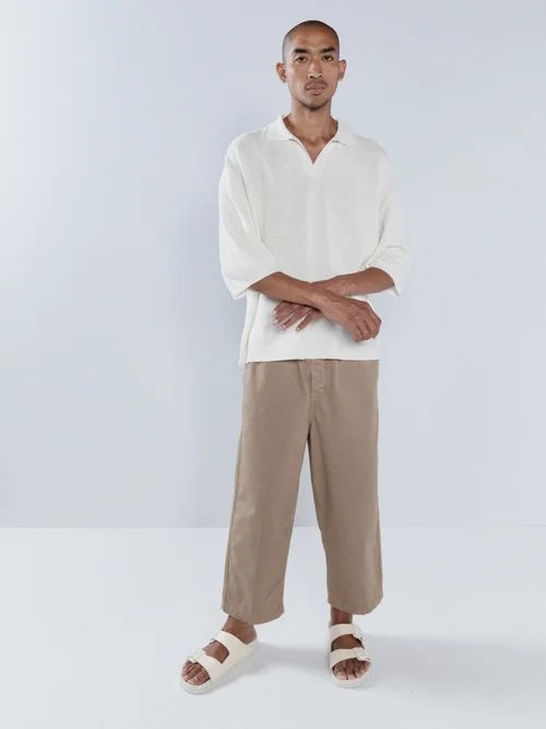 V-neck Linen-blend Polo Sweater - Mens - White