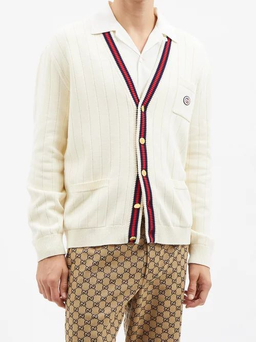 GG-embroidered Web-stripe Cotton Cardigan - Mens - White