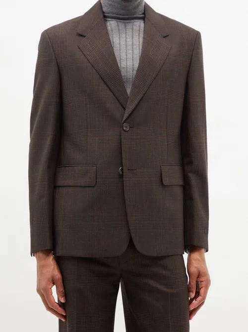 Prince Of Wales-check Wool-twill Suit Jacket - Mens - Brown