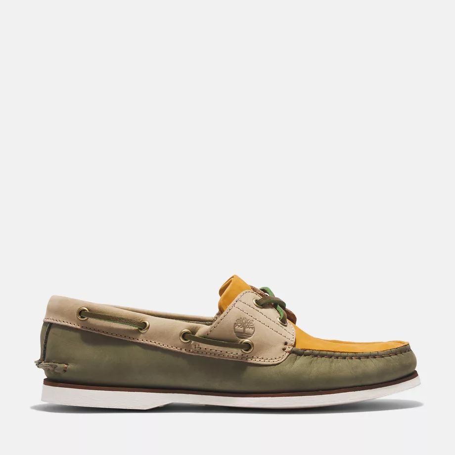 Classic Boat Shoe For Men In Green/beige Dark Green, Size 7.5