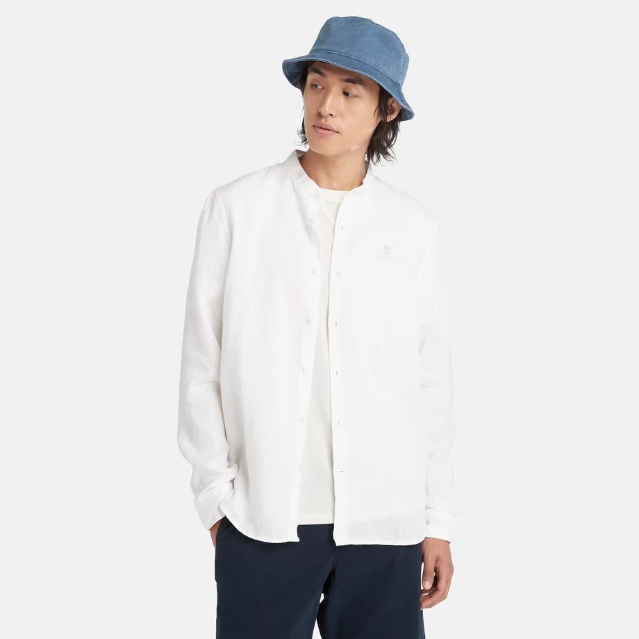 Mill River Band-collar Linen Shirt For Men In White White, Size S