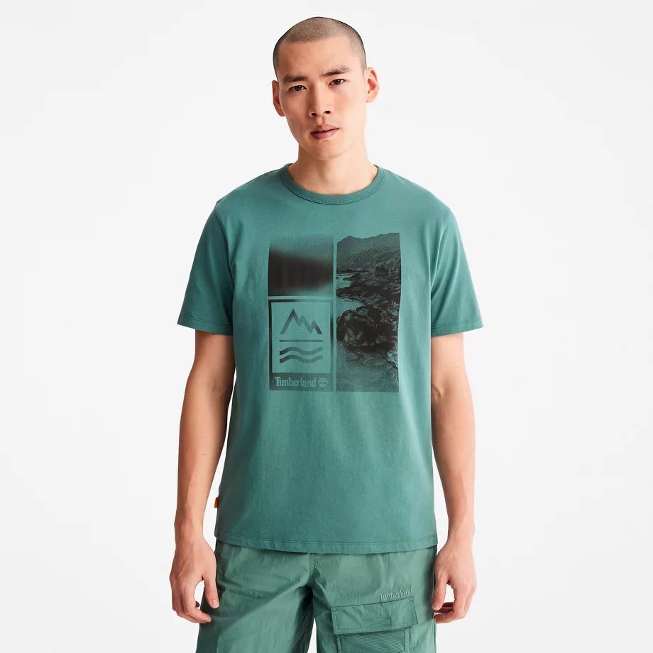 Mountains-to-rivers Print T-shirt For Men In Green Teal, Size M