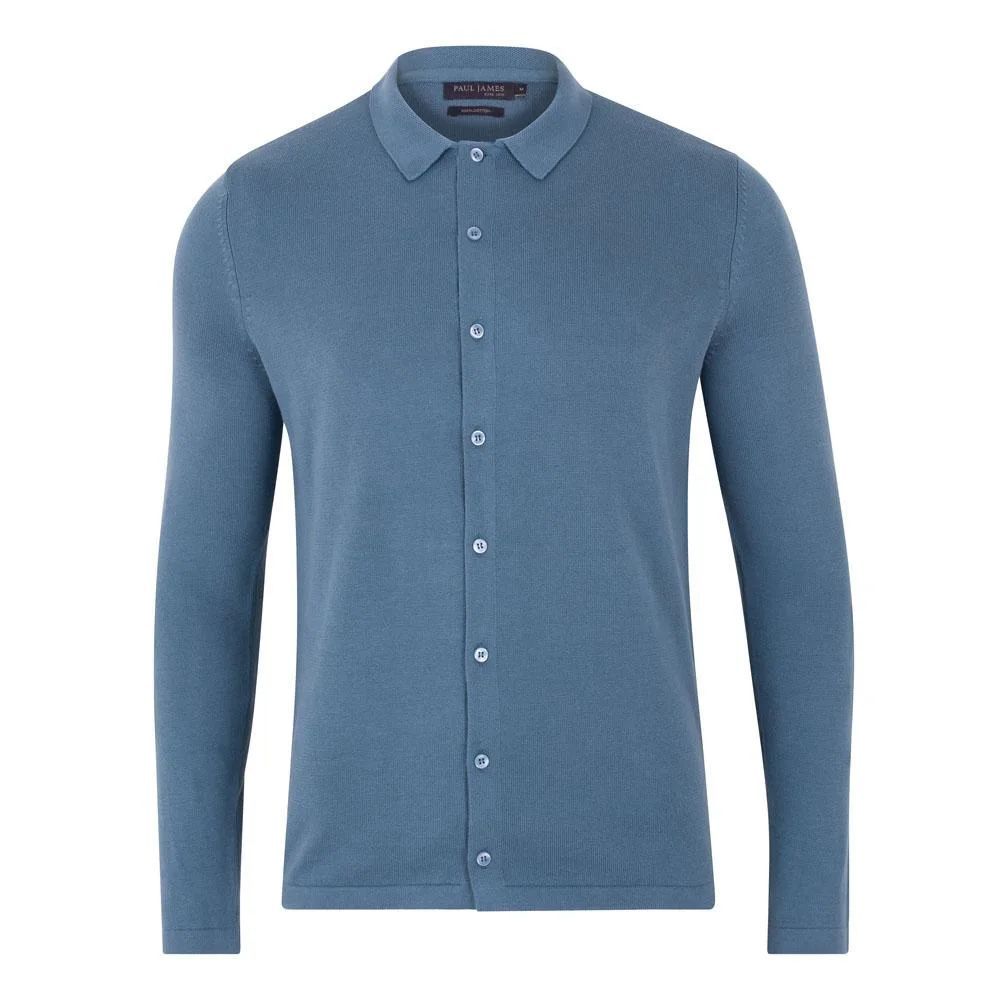 Paul James Knitwear - Mens 100% Cotton Knitted Shirt - Bluestone