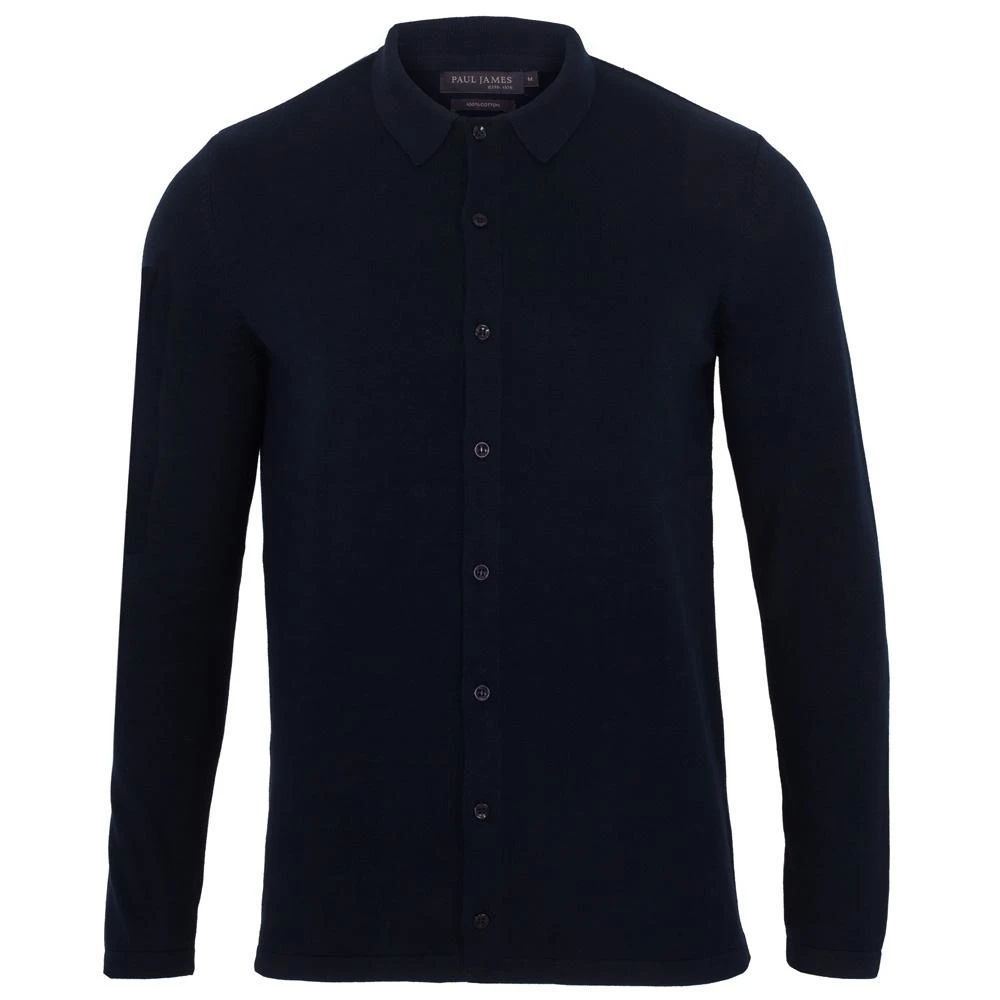 Paul James Knitwear - Mens 100% Cotton Knitted Shirt - Navy