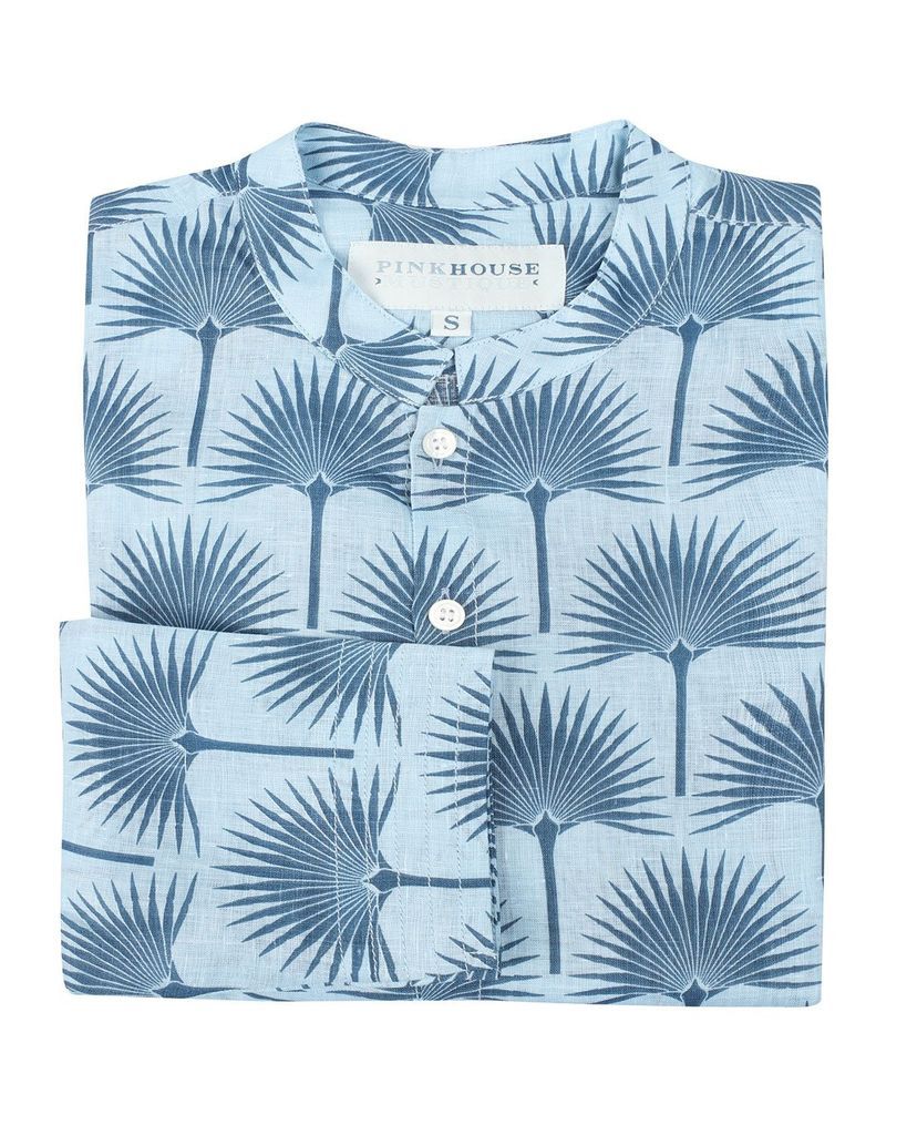 Pink House Mustique - Men's Collarless Linen Shirt in Fan Palm Navy and Pale Blue