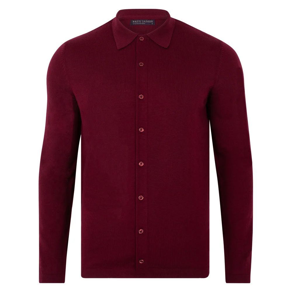Paul James Knitwear - Mens Lightweight Extra Fine Merino Long Sleeve Aiden Shirt - Rioja