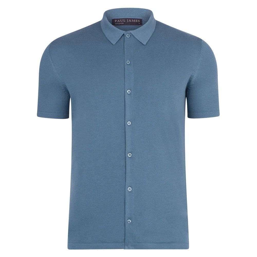 Paul James Knitwear - Mens 100% Cotton Short Sleeve Marshall Shirt - Bluestone