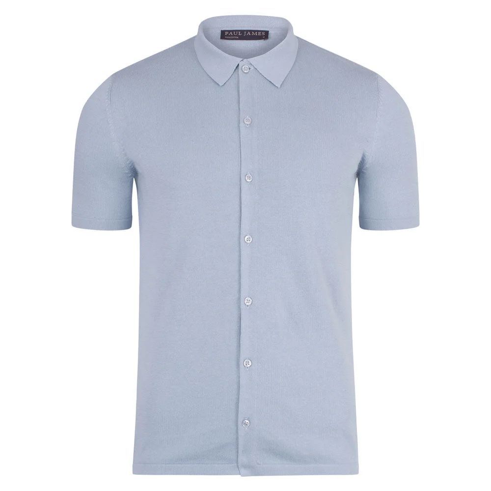 Paul James Knitwear - Mens 100% Cotton Short Sleeve Marshall Shirt - Chalk Blue
