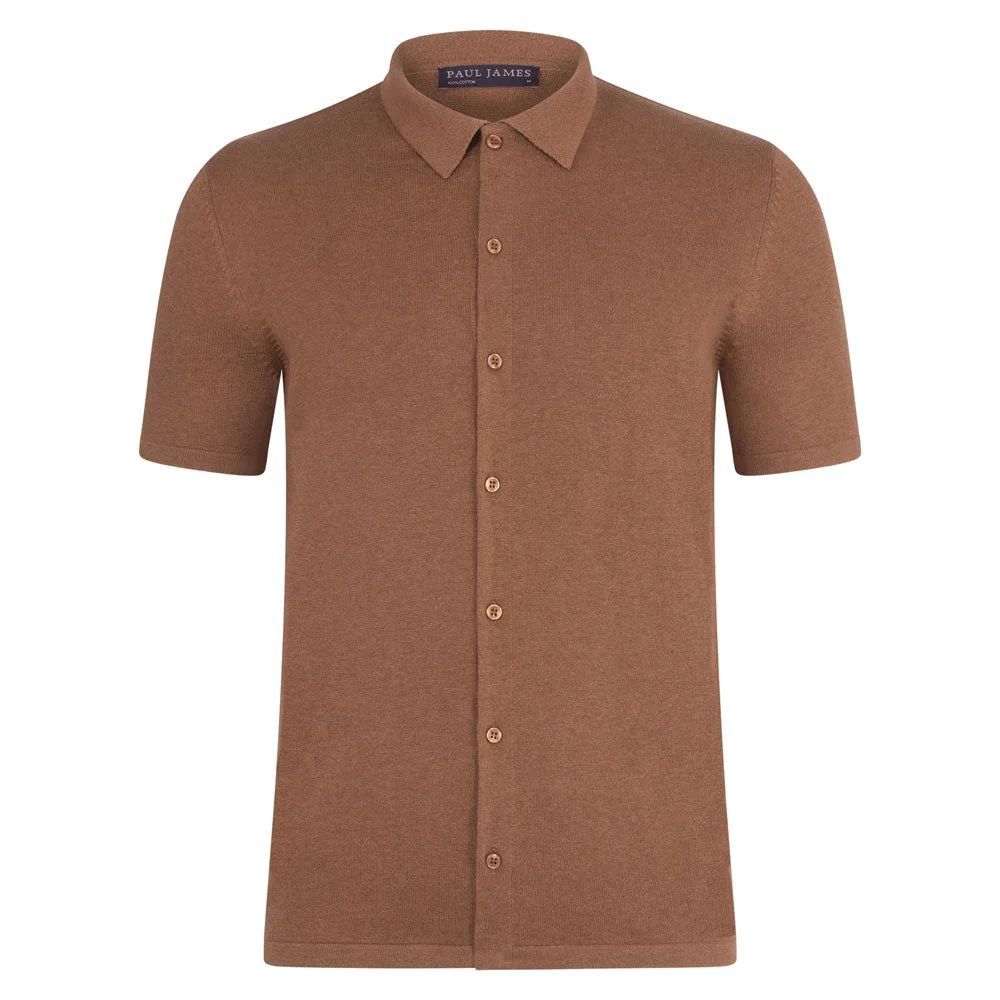 Paul James Knitwear - Mens 100% Cotton Short Sleeve Marshall Shirt - Camel