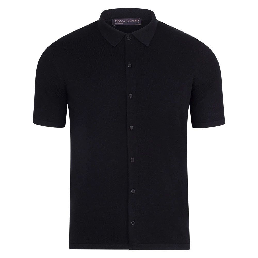 Paul James Knitwear - Mens 100% Cotton Short Sleeve Marshall Shirt - Black