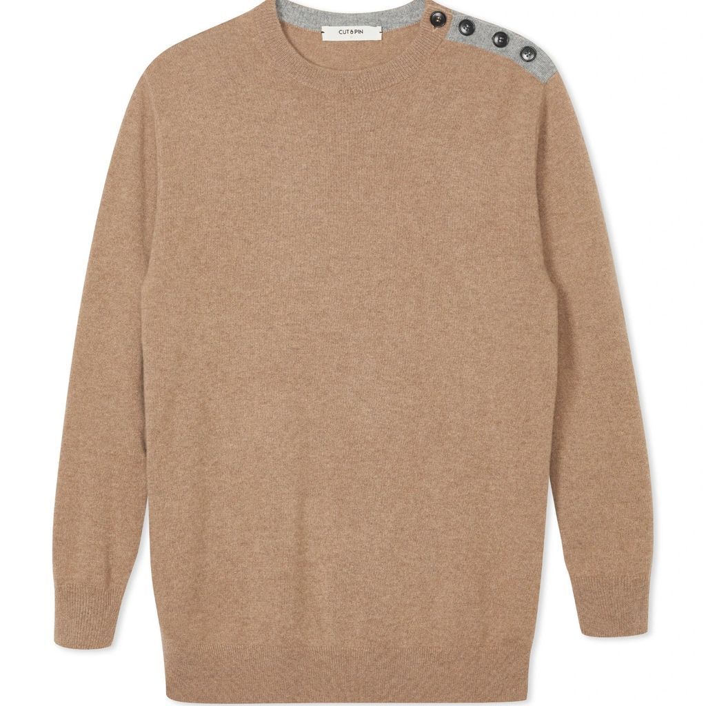 Cut & Pin - Cashmere Button Shoulder Crew Neck Sweater in Camel & Grey