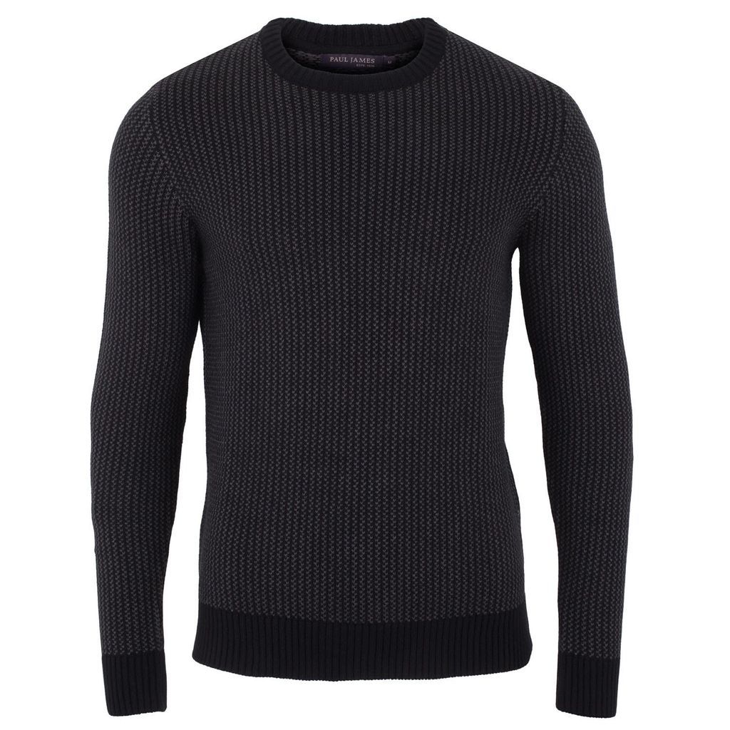 Grey / Black Mens 100% Cotton Fisherman Tuck Stitch Jumper - Black Extra Small Paul James Knitwear