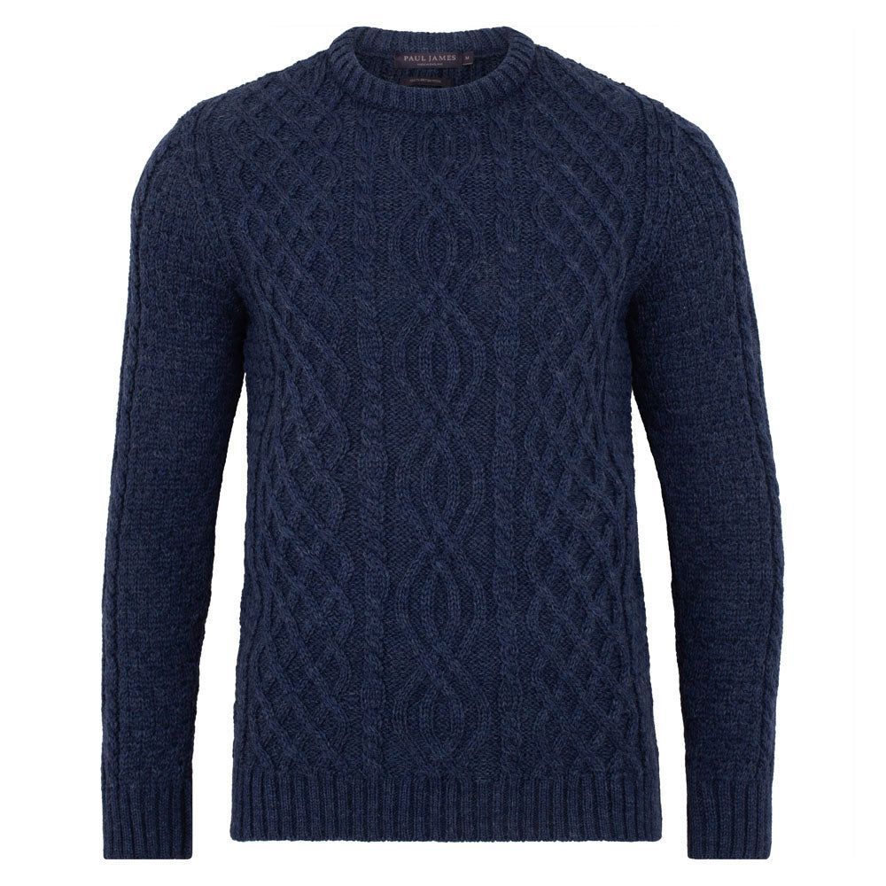 Mens British Wool Aran Jarvis Cable Sweater - Blue Small Paul James Knitwear