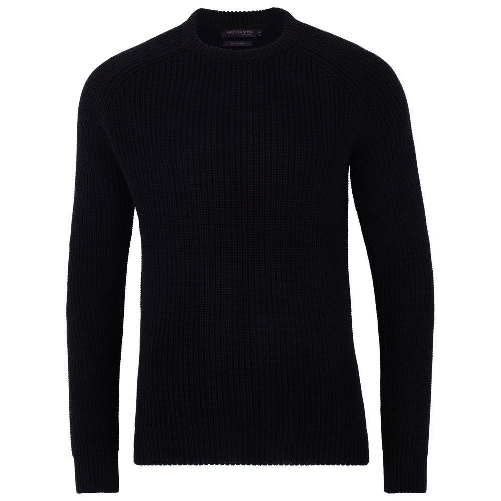 Mens 100% Cotton Fisherman Rib Knit Jumper - Black Extra Small Paul James Knitwear