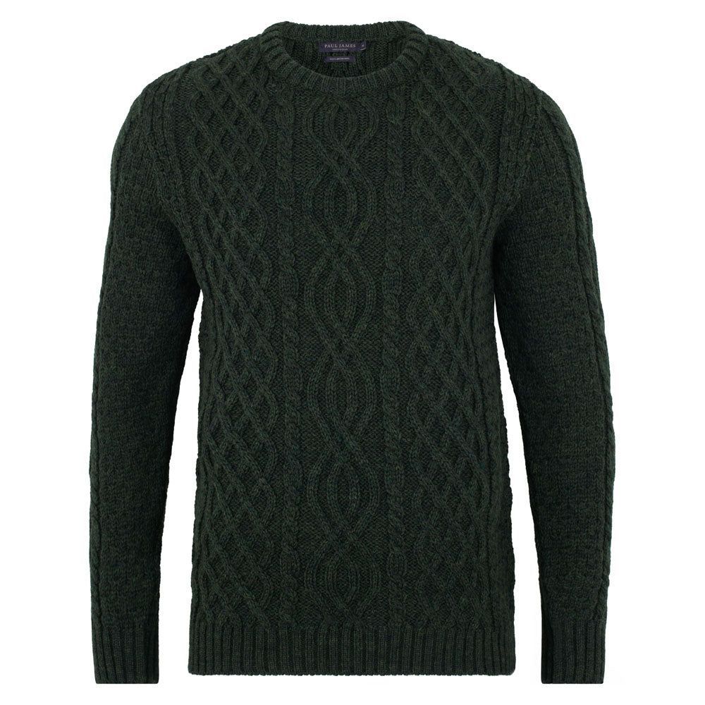 Mens British Wool Aran Jarvis Cable Sweater - Green Extra Small Paul James Knitwear