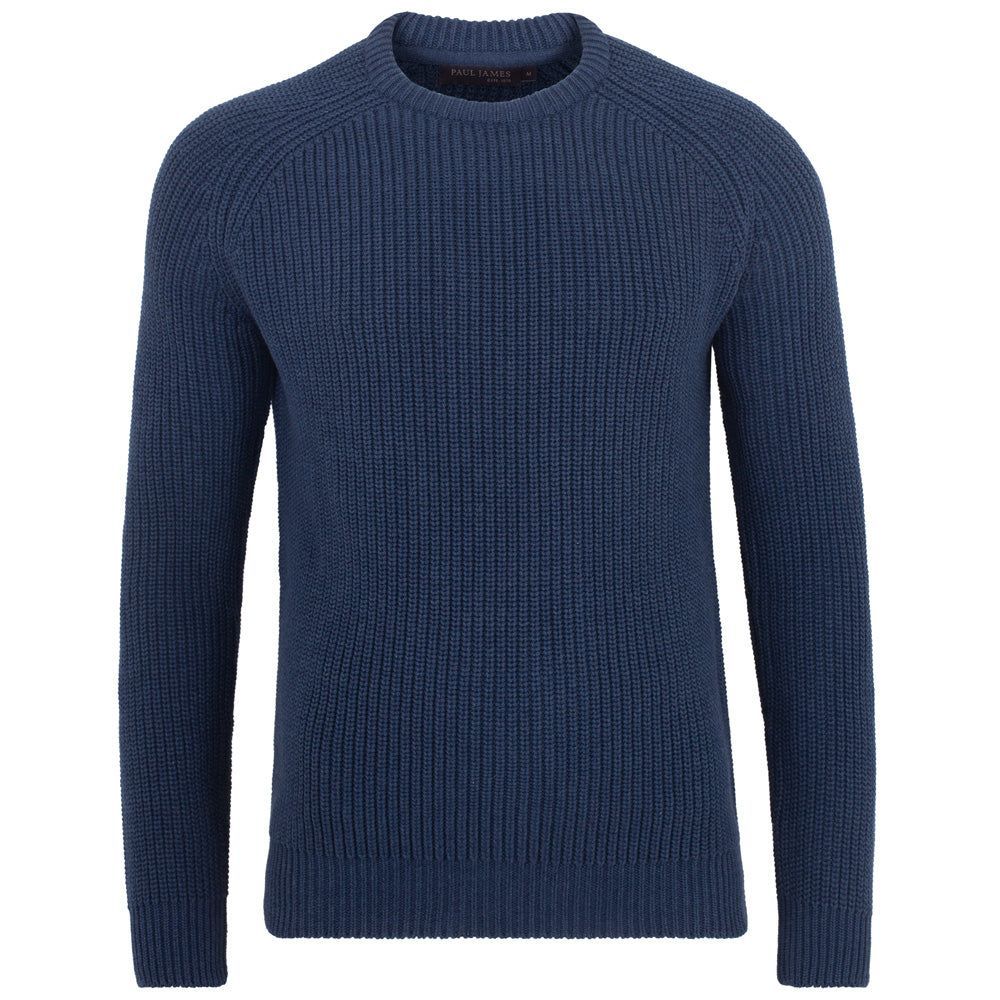 Mens 100% Cotton Fisherman Rib Knit Jumper - Blue Melange Extra Small Paul James Knitwear