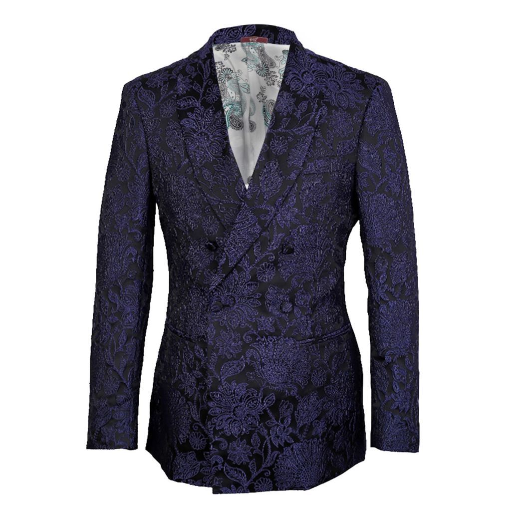 Men's Black / Blue Floral Double Breasted Shawl Lapel Jacquard Blazer - Black, Blue Small DAVID WEJ