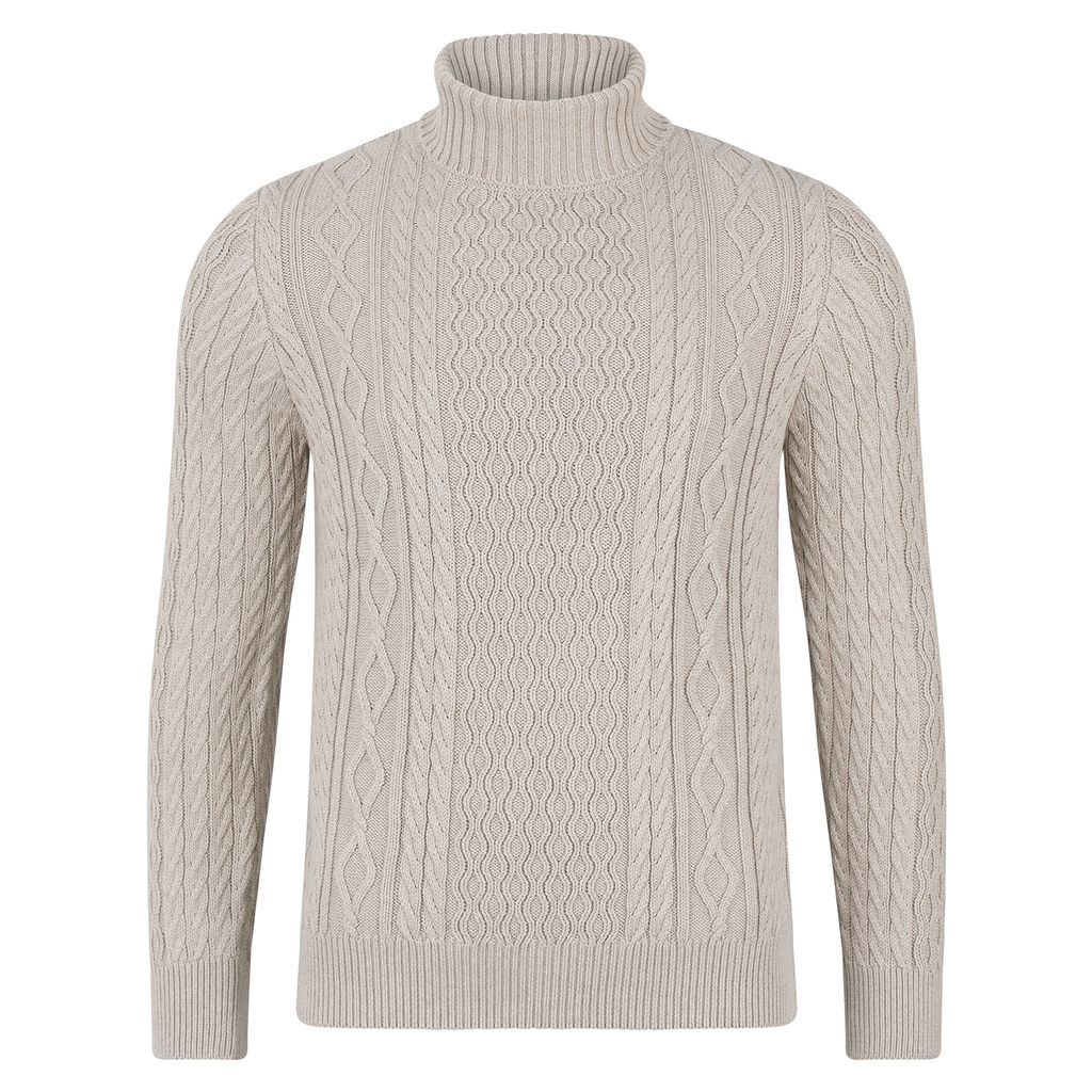 Neutrals Mens Midweight Pure Cotton Roll Neck Christopher Cable Jumper - Fawn Small Paul James Knitwear