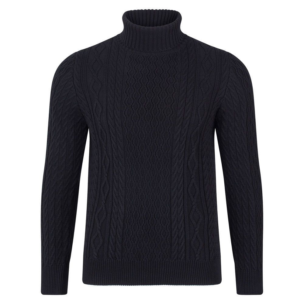 Mens Midweight Pure Cotton Roll Neck Christopher Cable Jumper - Black Small Paul James Knitwear