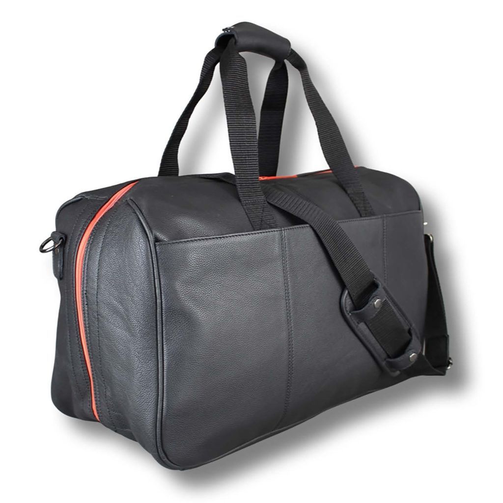 Men's Black / Red Black Leather Wide Opening Weekend Bag With Orange Zip LeatherCo.