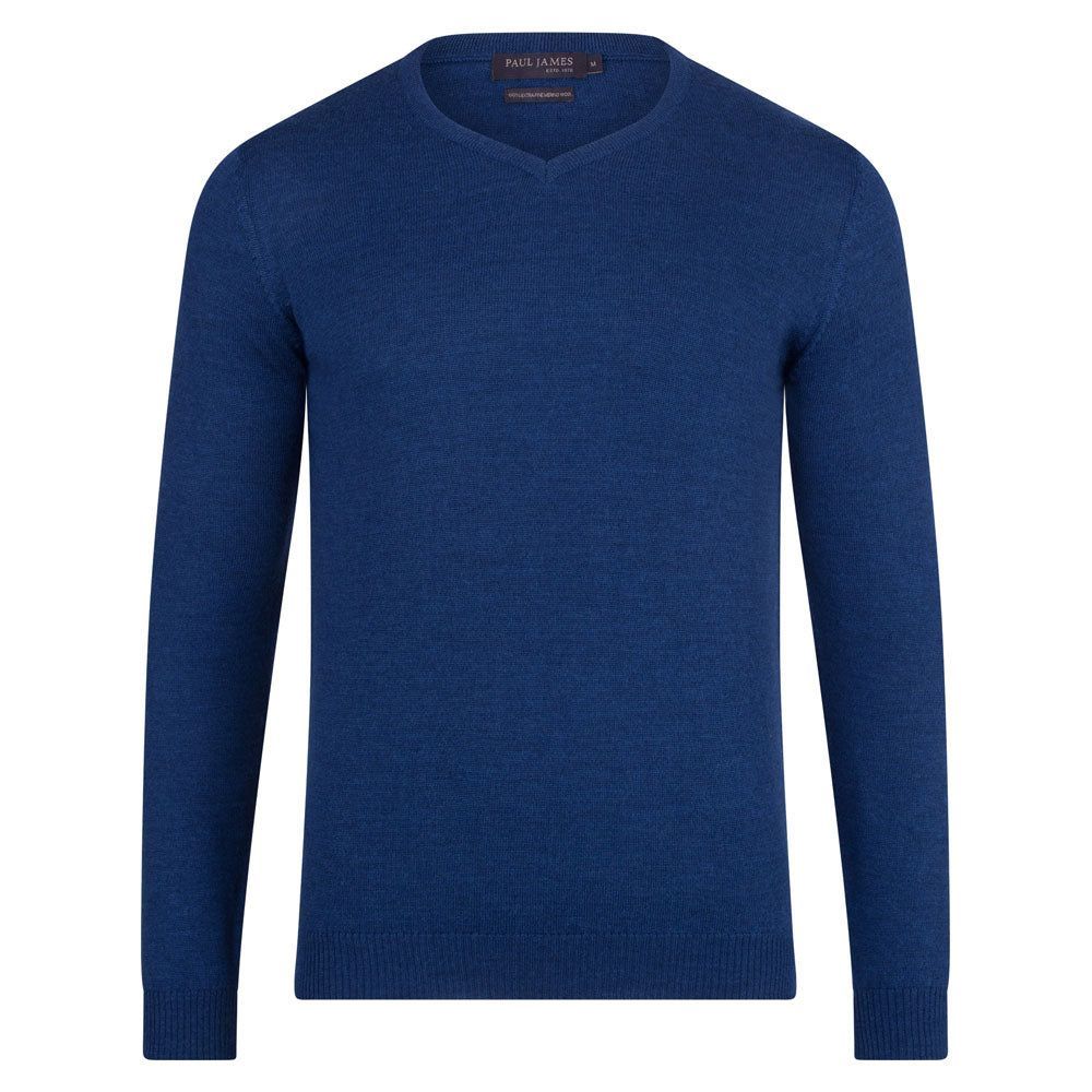 Blue Mens Extra Fine Merino Wool V-Neck Jumper - Indigo Extra Small Paul James Knitwear