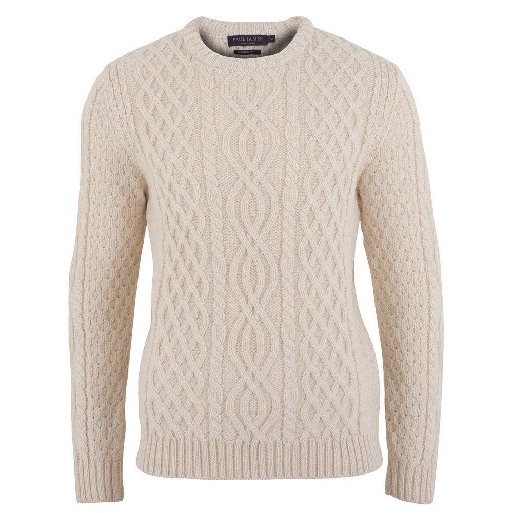 White Mens British Wool Aran Jarvis Cable Sweater - Ecru Extra Small Paul James Knitwear