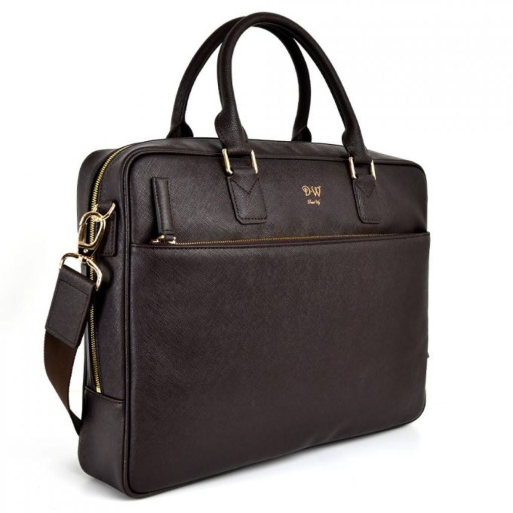 Men's Saffiano Leather Briefcase - Brown DAVID WEJ
